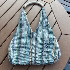 Casa Isota Woven Tote Multicolor Knit Hobo Bag with White Handle